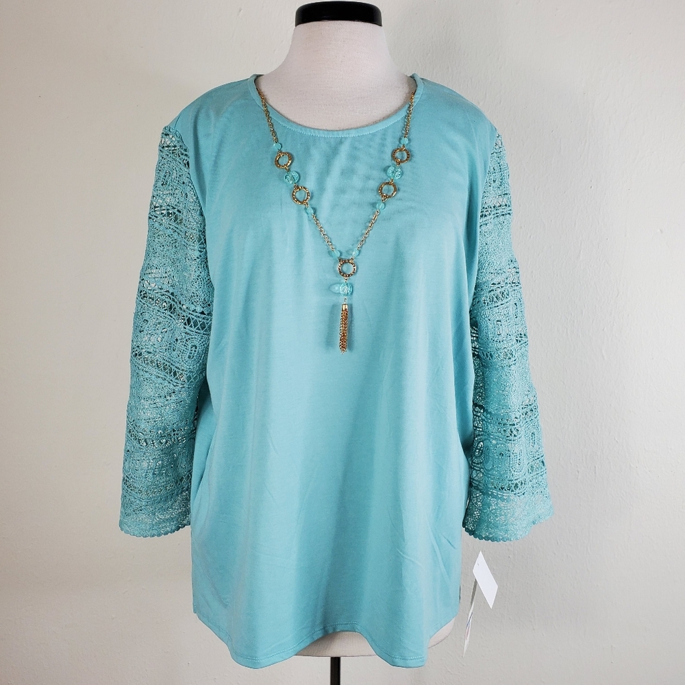 Alfred Dunner Kensington Garden Blouse Solid Lace Sleeve Knit Top w Necklace NWT